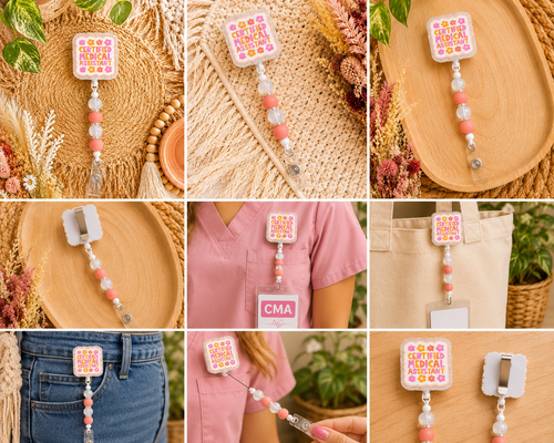 Certified Medical Assistant Badge Reel – Pink Beaded Retractable ID Holder