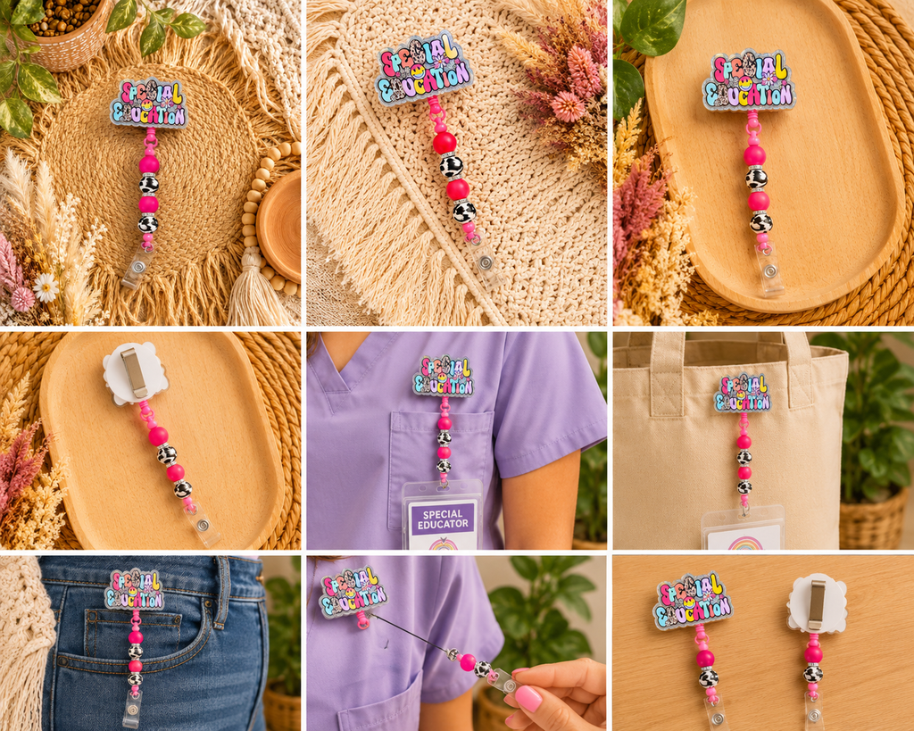 Special Education Badge Reel – Pink Beaded Retractable ID Holder