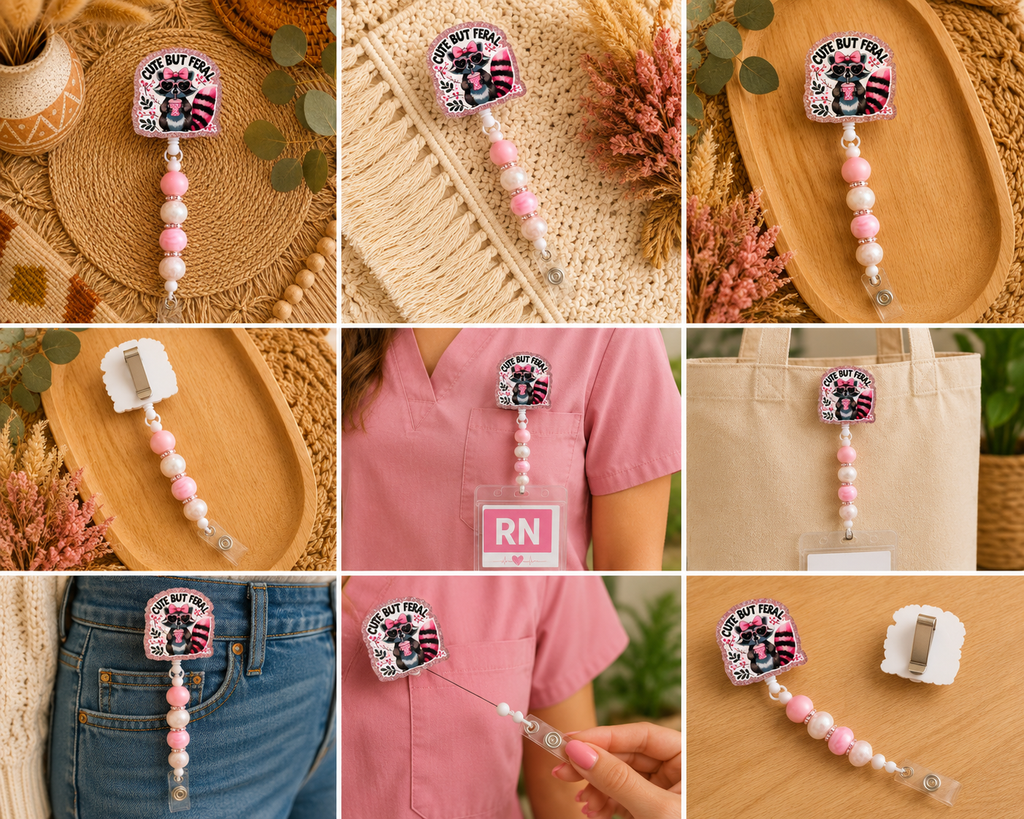 Cute But Feral Badge Reel – Pink Beaded Retractable ID Holder