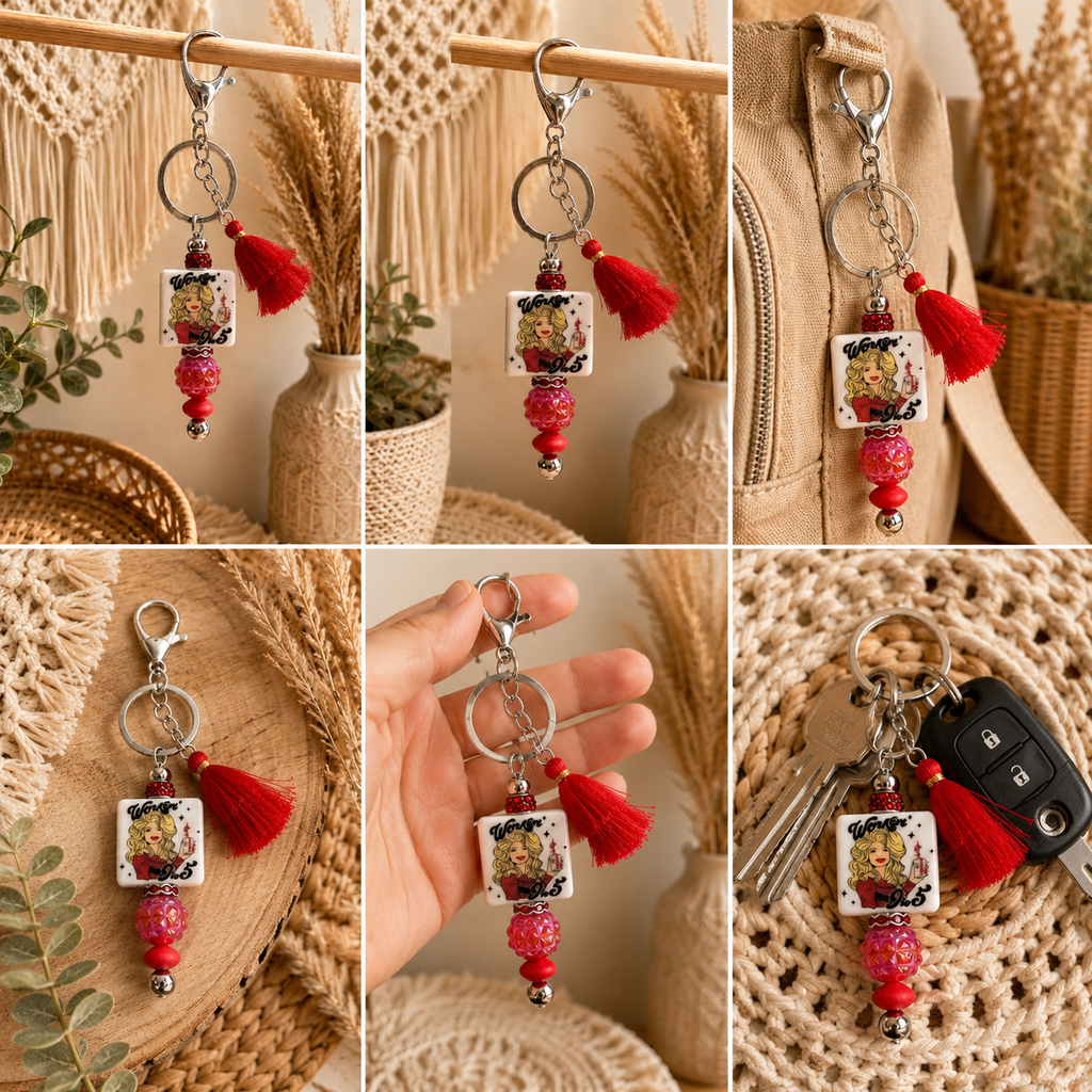 9 to 5 Inspired Beaded Keychain with Red Tassel