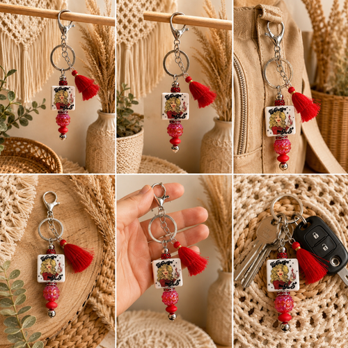 9 to 5 Inspired Beaded Keychain with Red Tassel