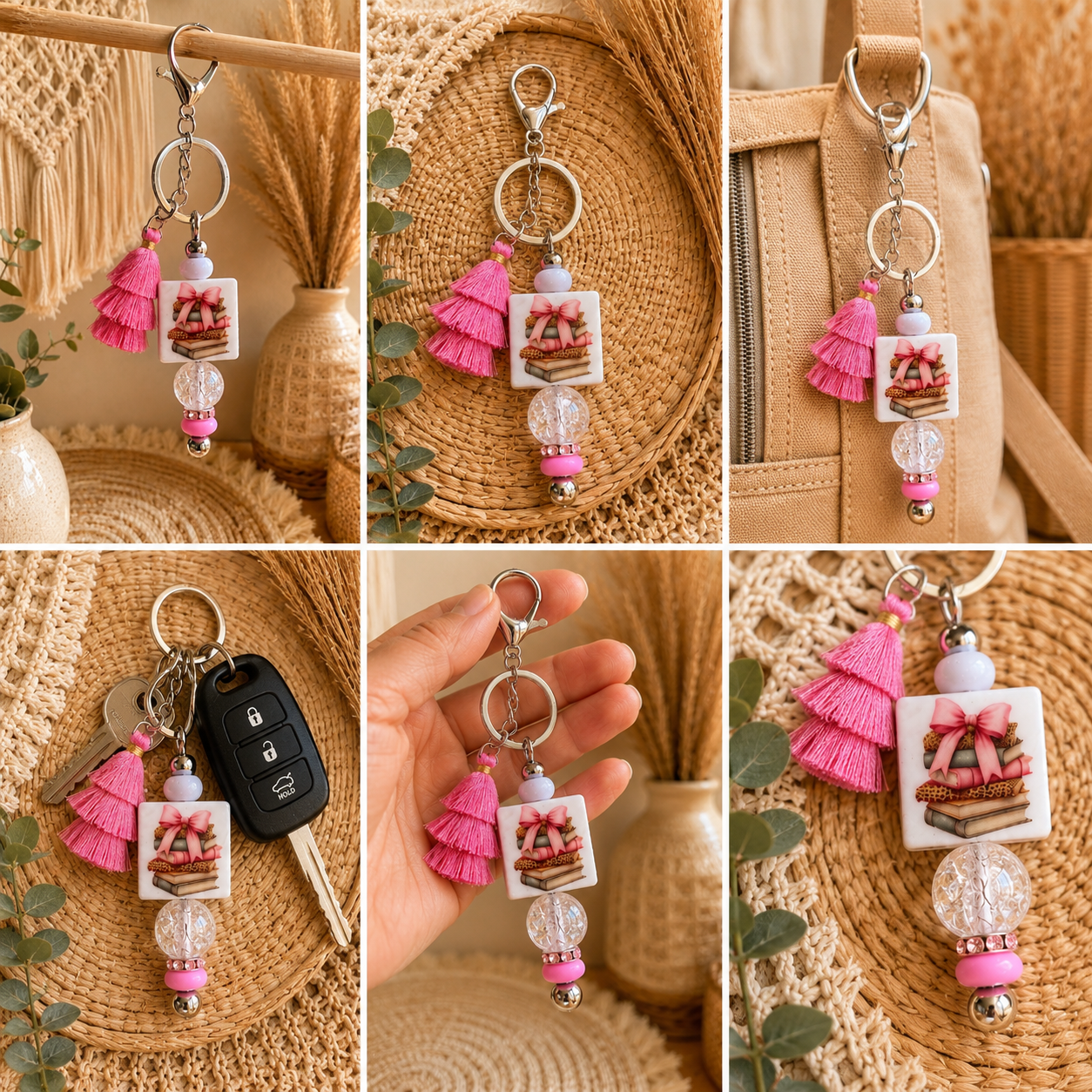 📚 Book Lover Beaded Keychain with Pink Tassel – Reader Gift
