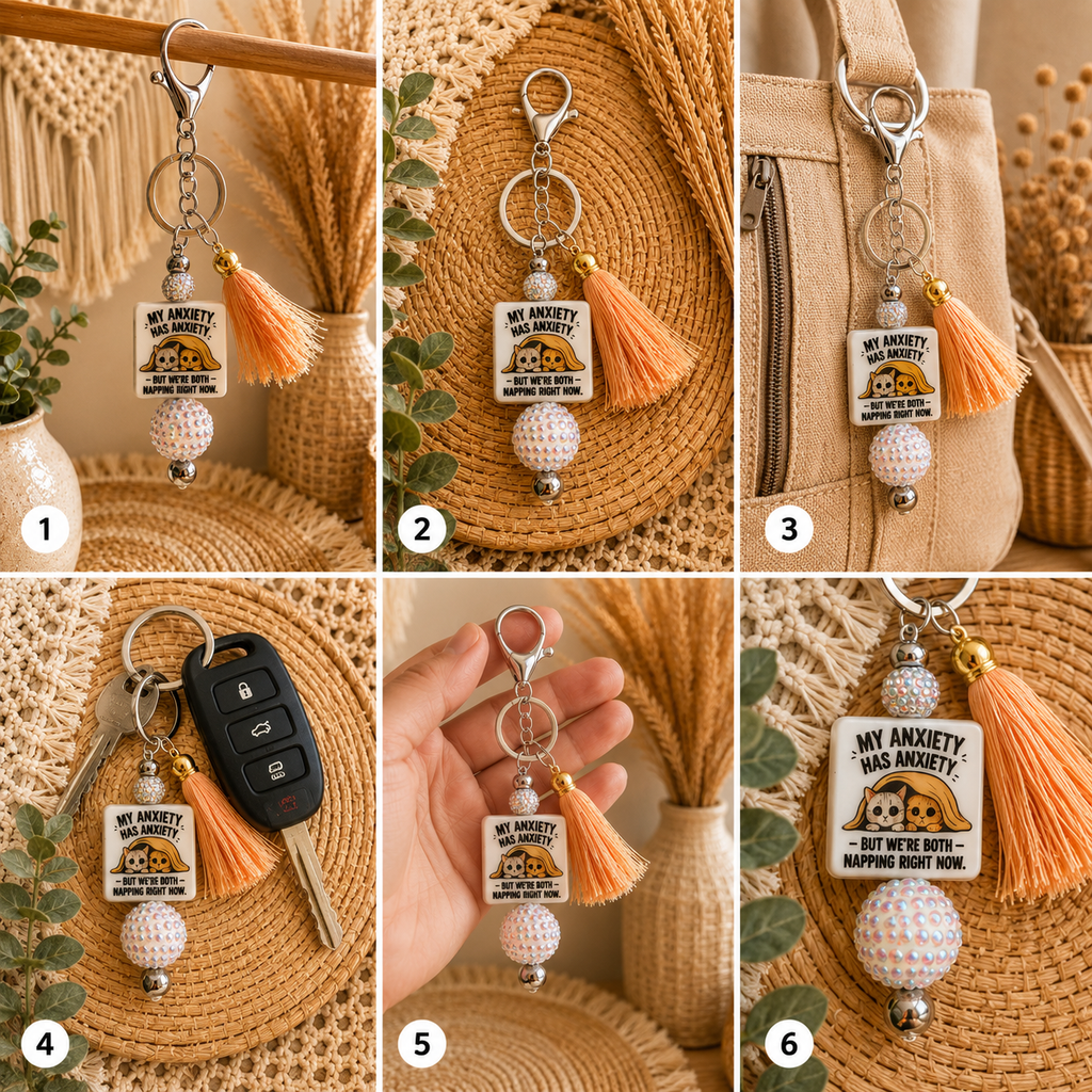 My Anxiety Has Anxiety Beaded Keychain – Funny Mental Health Tassel Keychain
